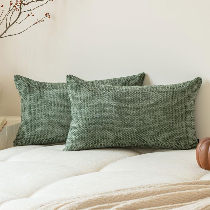 Photo 1 of a moment Dark Green Chenille Throw Pillow Covers 12x20 Inch Pack of 2 Modern Decorative Throw Pillow Covers Farmhouse Cross Covers Home Decor for Sofa Bedroom Living Room