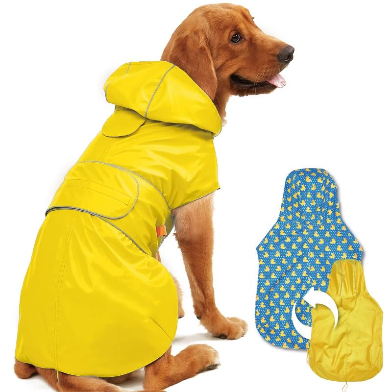 Photo 1 of Kimee Dog Raincoat Reversible, Single Side Slicker Poncho Adjustable Waterproof Dog Rain Jacket with Leash Hole/Reflective Stripe Hooded Snowproof Windproof Clothes for Small to 3X-Large Dogs, M