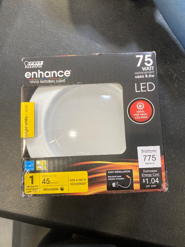 Photo 1 of Feit Electric 4 inch LED Recessed Lighting Retrofit Downlight - Pre-Mounted Trim - Standard Base Adapter - 3000K Bright White - Dimmable- 75W Equivalent - High Output - 1 Pack - LEDR4HO/930CA