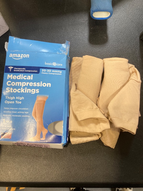 Photo 1 of Amazon Basic Care Medical Compression Stockings, 20-30 mmHg Support, Women & Men Thigh Length Hose, Open Toe, Beige, X-Large (Previously NuVein)