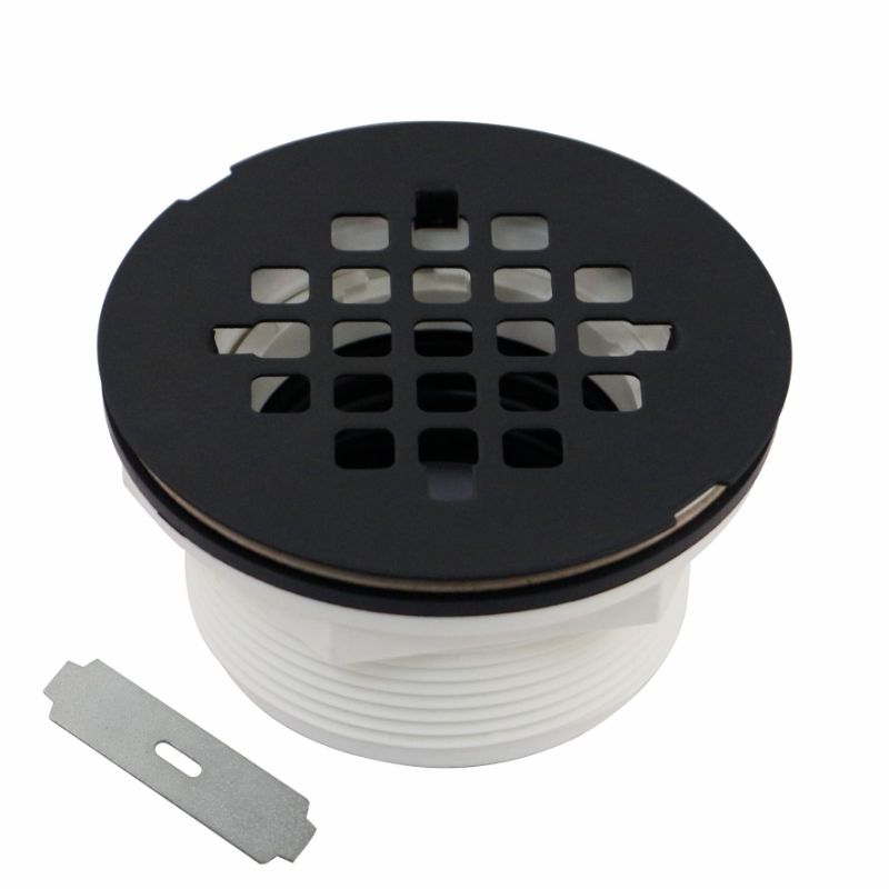 Photo 1 of Black No Caulk Shower Drain, Welsan PVC Compression Shower Floor Drain with 4-1/4" Stainless Steel Round Grid Strainer Cover, Matte Black