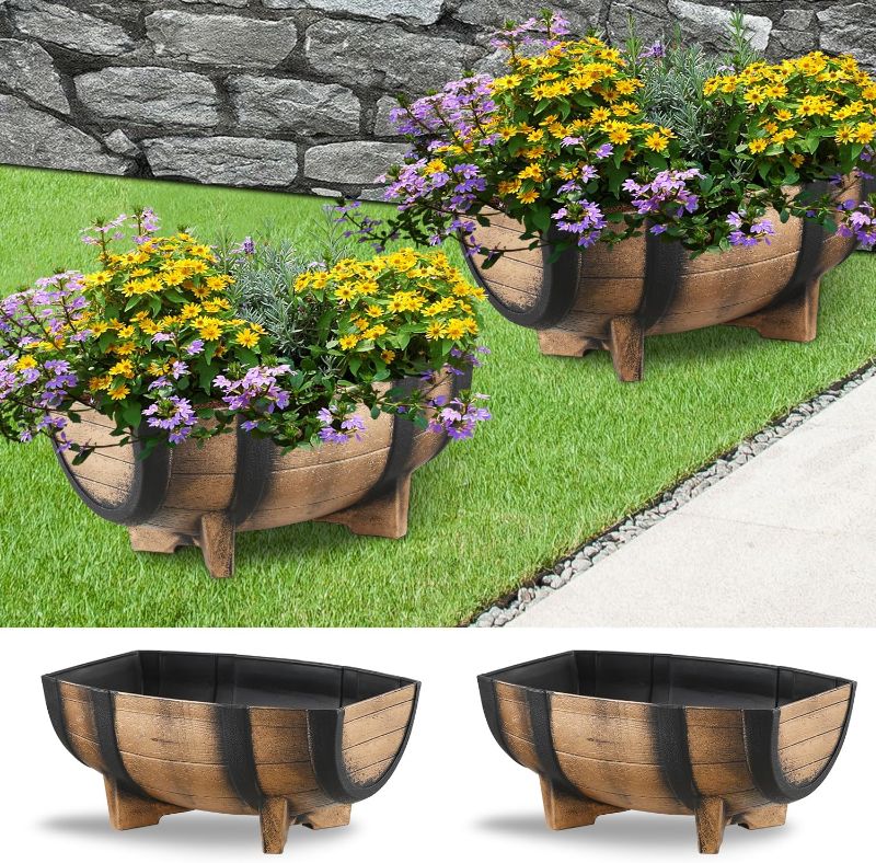 Photo 1 of YI 2 Pack Rustic Half Barrel Planters, 16.34x11.81x7.28 Inches Plastic Weather Resistant Plant Flower Pot Indoor & Outdoor Garden Planter
