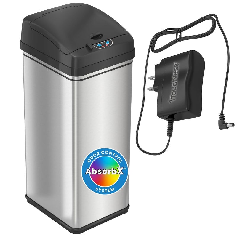 Photo 1 of iTouchless 13 Gallon Kitchen Trash Can with Lid and Odor Filter, AC Adapter Included, Motion Sensor Stainless Steel Rectangular Garbage Bin for Home Office Work Bedroom Living Room Slim Wastebasket
