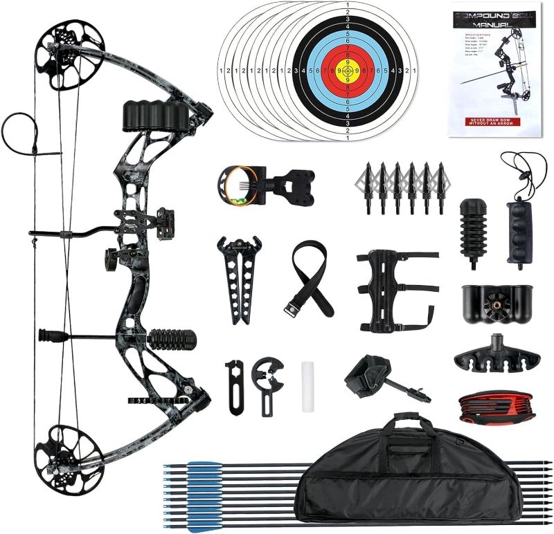 Photo 1 of Compound Bow and Arrow Set 30-70 lbs for Adult, Adjustable Hunting Compound Bow Archery with Limbs Made in USA, Right Hand, 18”-31”, up to IBO 320 fps
