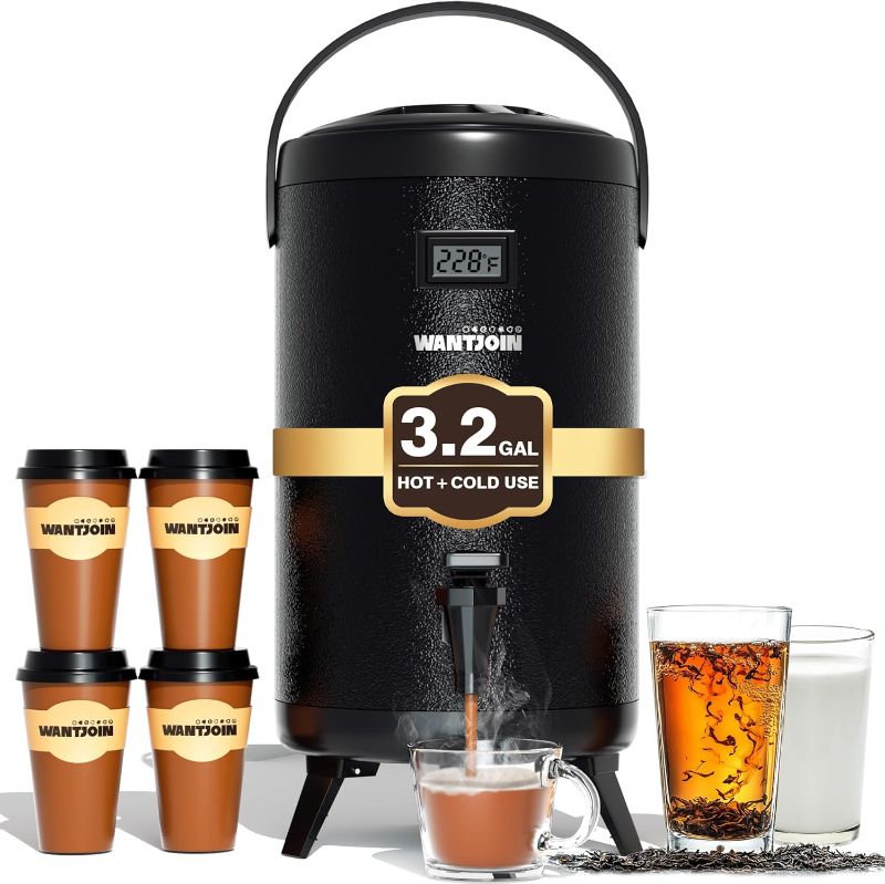 Photo 1 of WantJoin Insulated Beverage Dispenser - Thermal 12L/3.2Gal Stainless Steel Hot & Cold Drink Dispenser with Spigot for Tea, Coffee, Milk, Water & Juice (Black)
