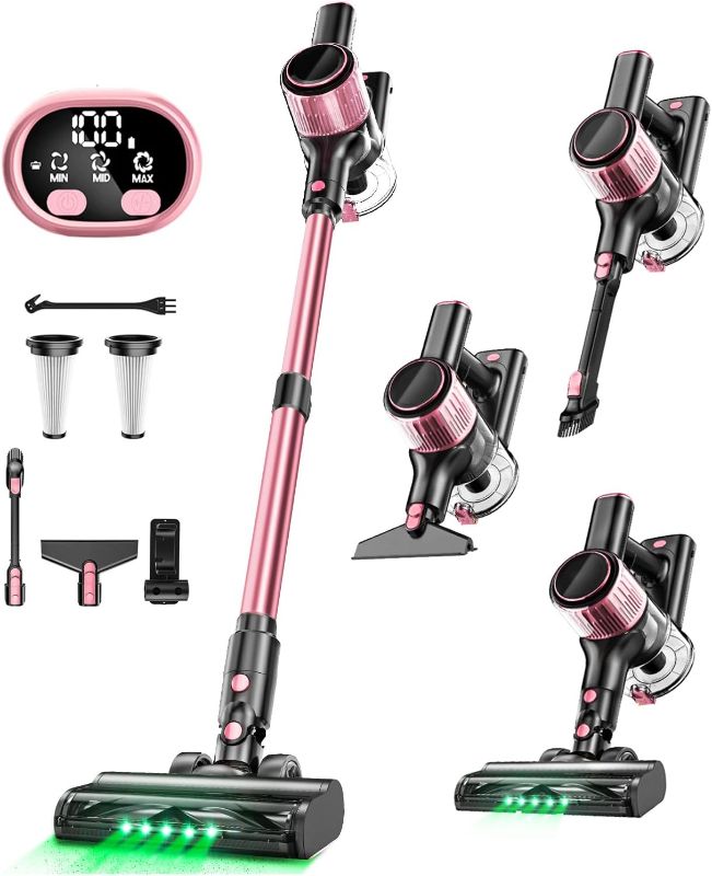 Photo 1 of Cordless Vacuum Cleaner, 8 in 1 Powerful Suction Lightweight Vacuum Cleaner for Home, LED Display, 3 Suction Modes, 45Mins Detachable Battery Vacuum for Hard Floor Carpet Pet Hair, Pink
