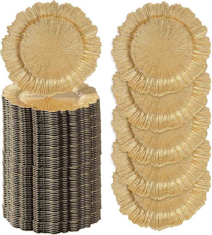 Photo 1 of MAONAME 13" Gold Charger Plates Set of 100, Plastic Reef Plate Chargers Bulk, Round for Dinner Plates, Table for Wedding Decor
