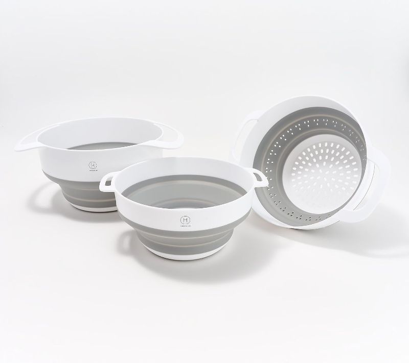 Photo 1 of Set of 3 Nestable Colander and Bowls – Collapsible, Space-Saving, BPA-Free (Grey)
