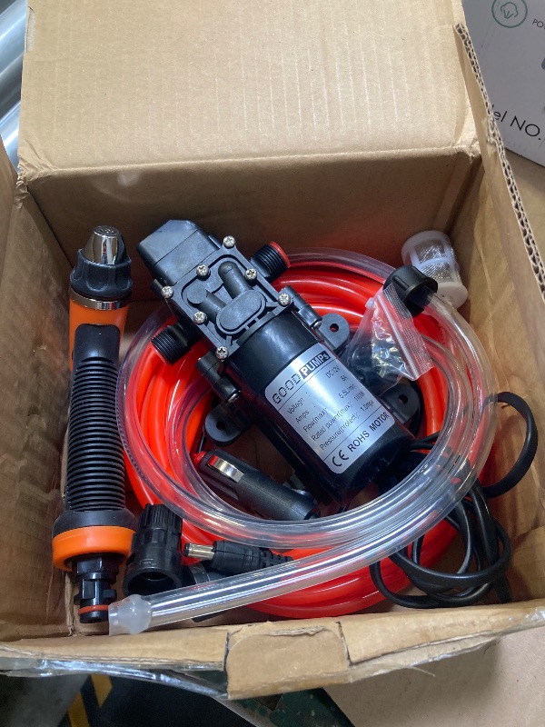 Photo 1 of Bang4buck Portable Intelligent Electric Pressure Washer Pump 100W 160 PSI 12V Portable Pressure Powerful Washing Kit with 21.3 Feet PVC Hose for Home, Car, Garden, Projects (100 W-Black Hose)