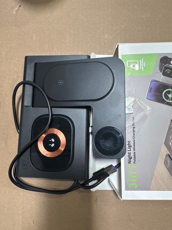 Photo 1 of 3 in 1 Foldable Charging Station for Apple Products,Fast Wireless Charger Travel Dock Adapter&Light for iPhone 16/15/14/13/12/11/X/XS,for iWatch 10/9/8/7/Ultra2/Ultra/SE,for AirPods 4/3/2/Pro/2(black)