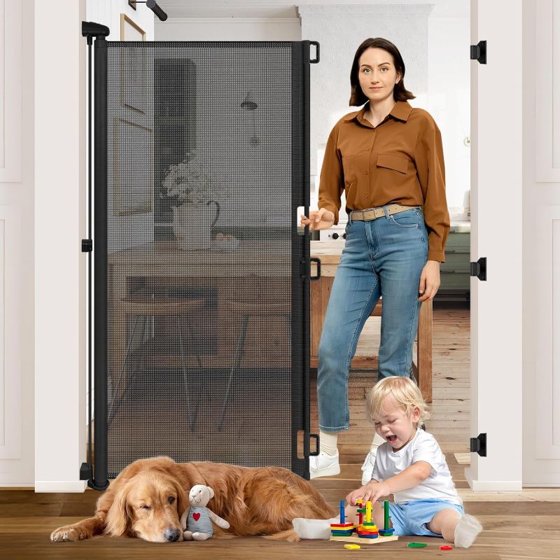 Photo 1 of 65” Extra Tall Dog Gates for Doorways 55” Wide Retractable Baby Gates for Dogs Mesh Baby Gate Retractable Dog Gate Outdoor Gates for Decks Extra Tall Pet Gate Indoor Cat Door for Exterior Door, Black
