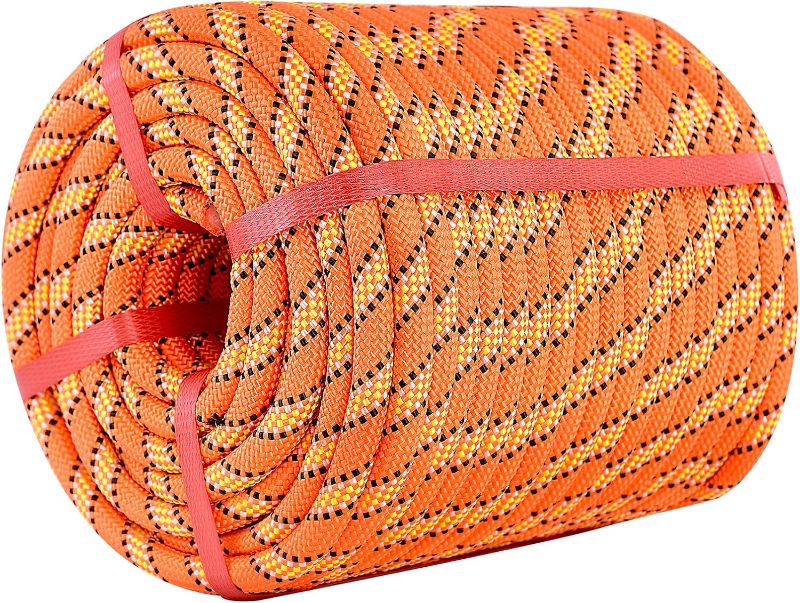 Photo 1 of Double Braided Polyester Rope (1/2 in x 100 ft), High Strength Outdoor Climbing Rope, Strong Arborist Ropes for Rock Hiking Camping Construction Climbing Swing Sailing, Orange

