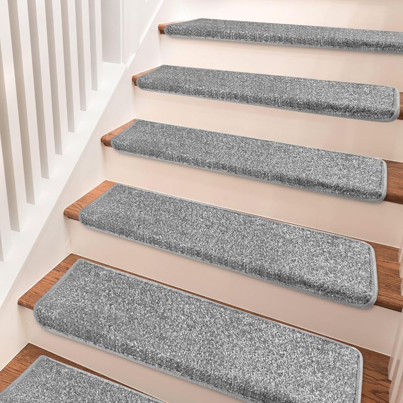 Photo 1 of PURE ERA Bullnose Carpet Stair Treads Set Tape Free Non-Slip Indoor Stair Protectors Pet Friendly Rugs Covers Soft Skid Resistant Washable Reusable 9.5" x 30"(14 Pieces,Gray)
