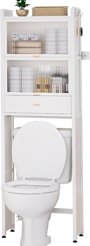 Photo 1 of Over The Toilet Storage Cabinet with Drawer and Flip Door, Bamboo Bathroom Organizer Shelf with Anti-Tip Design and Waterproof Feet Pad,Freestanding Rack Above WC Space Saver (White)
