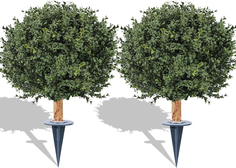 Photo 1 of Artificial Boxwood Ball Bush 27" - 2 Pack UV Resistant Faux Shrubs with Spike, Indoor/Outdoor Decor for Garden, Yard, Porch, Patio, Planter - Easy to Install
