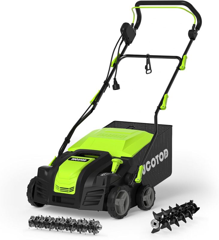 Photo 1 of 2-in-1 16-Inch Dethatcher & Scarifier Electric Corded, 15 Amp Copper Motor, Electric Lawn Dethatcher with 5-Position Depth Adjustment, 14.5 gal Thatch Bag,Walk Behind for Yard Lawn Garden Care
