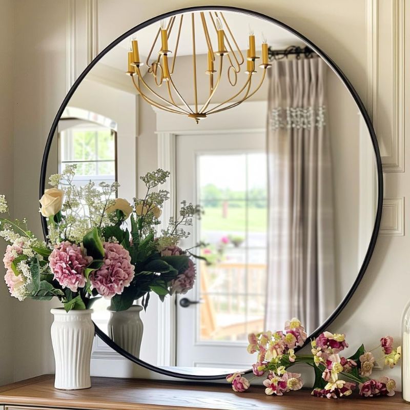 Photo 1 of Kingvey Round Wall Mirror, Circle Mirror 24 inch, Black Round Bathroom Mirrors, Circle Wall Mirrors for Bathroom, Living Room, Hallway, Vanity, Over Sink, Mantel