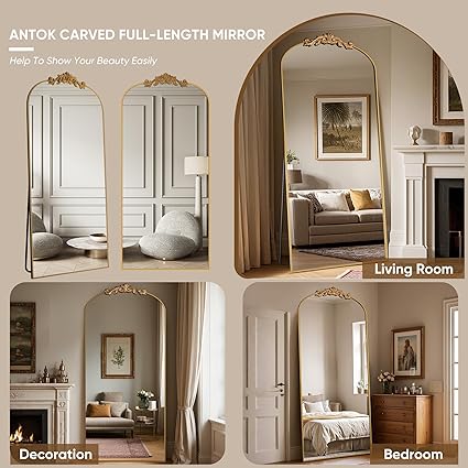 Photo 1 of Arched Full Length Mirror, 64"x21" Floor Mirror Freestanding with Carved Metal Frame & Bottom Art Carved, Full Body Mirror for HomeDecor, Standing/Halling Large Wall Mirror for Bedroom, Gold