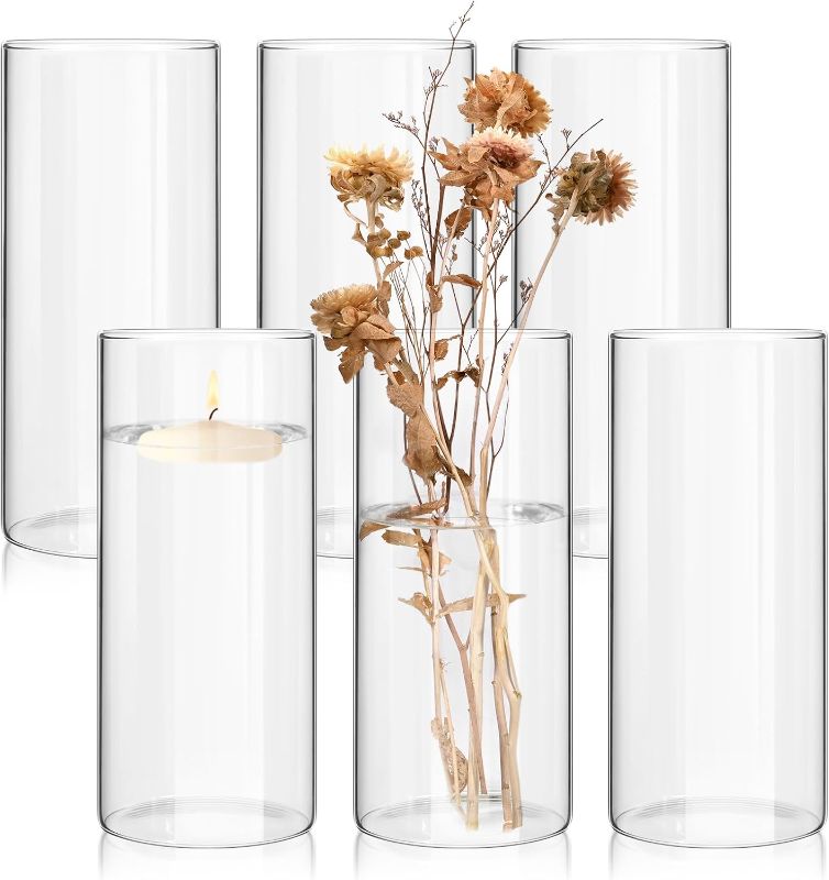 Photo 1 of 6 Pack Glass Cylinder Vases 10 Inch Tall Clear Flower Vase Bulk Glass Vases Hurricane Floating Candle Holder for Table Centerpiece Party Wedding Home Decor
