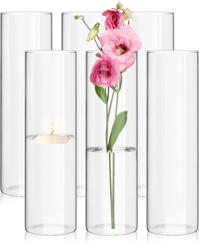 Photo 1 of 6 Pack Glass Cylinder Vases 14 Inch Tall Clear Flower Vase Bulk Glass Vases Hurricane Floating Candle Holder for Table Centerpiece Party Wedding Home Decor
