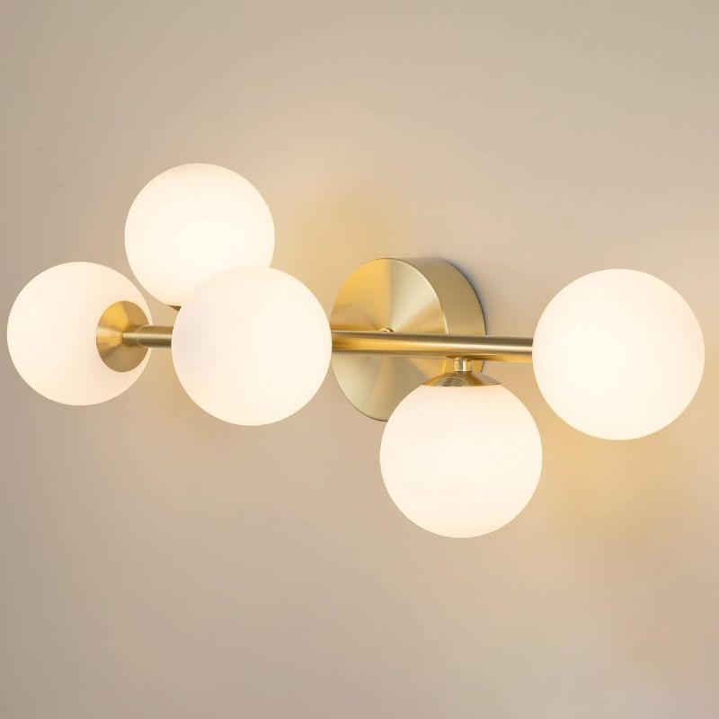 Photo 1 of Bathroom Vanity Lights, 5-Light Bathroom Light Fixtures, Mid Century Modern Gold Bathroom Light Ceiling Light, Dimmable LED Wall Sconces Semi-Flush Mount Light Fixture with Milk Glass, Gold Brushed
