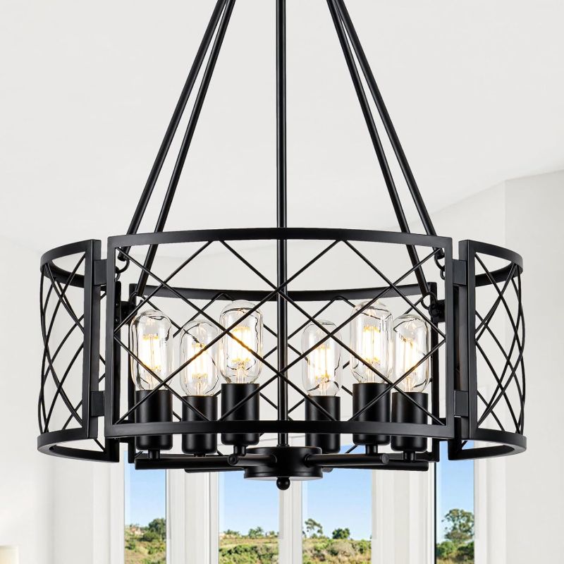 Photo 1 of Farmhouse Chandelier, 6-Light Dining Room Light Fixture, 20.5" Rustic Drum Chandeliers Kitchen Island Lighting, Black Industrial Chandelier Hanging Pendant Light for Bedroom Hallway Entryway Foyer
