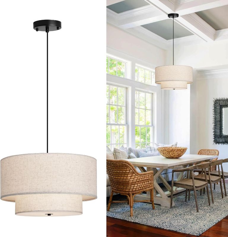 Photo 1 of 18" Modern Double Drum Fabric Pendant Light, Large Hanging Ceiling Chandelier Fixture with Dual Layer Fabric Shade, Ideal for Dining Room, Living Room, Bedroom, and Kitchen
