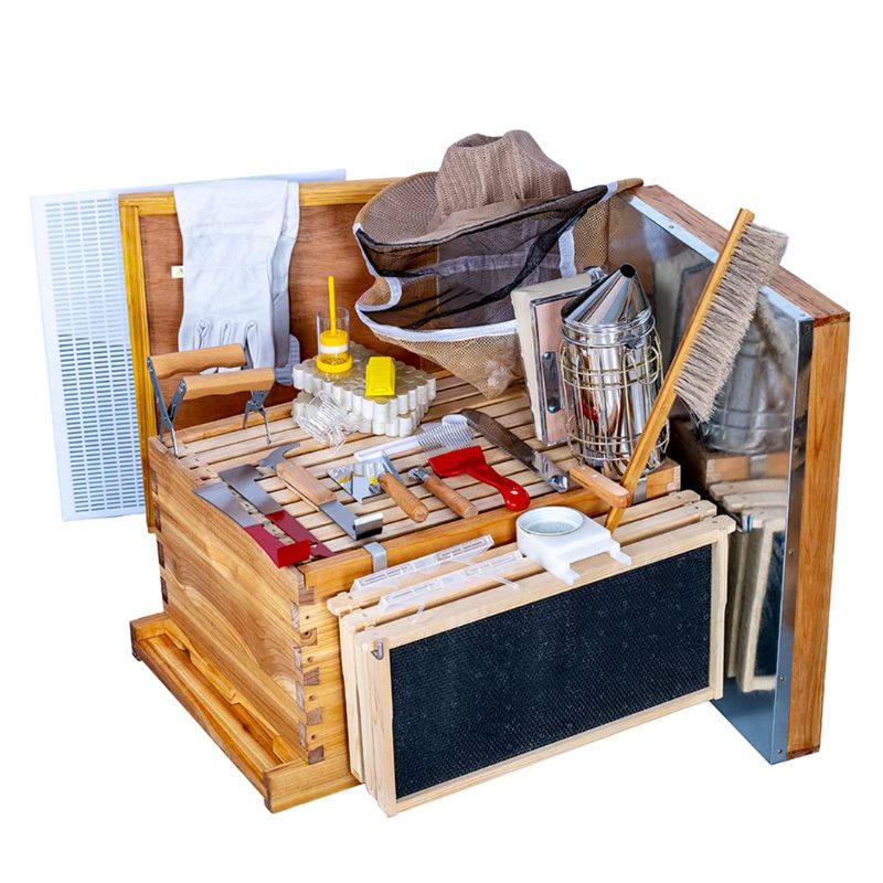 Photo 1 of Beehive Starter Kit 10-Frame Bee Boxes and Frames Starter Kit Wax Coated Bee Hives and Supplies Starter Kit Including Beekeeping Tools Kit with Beekeeping Veil
