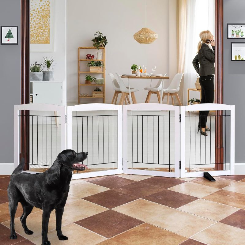 Photo 1 of ZJSF Freestanding Dog Fence Indoor, Foldable Dog Gate for Doorways, Stairs or Hallways, Sturdy Wood Extra Wide Pet Gate with Support Feet for The House, White, 24 "Height-4 Panels
