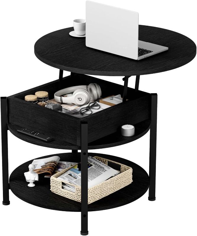 Photo 1 of Black Coffee Table, 26.77” Lift Top Coffee Table with Hidden Compartment and Open Storage Shelf, 2 Tier Small Round Coffee Table Circle Central Table w/Adjustable Foot Pad for Living Room
