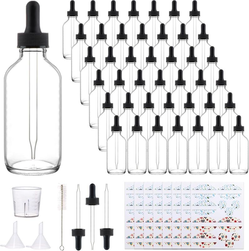 Photo 1 of 42 Pack 4oz Clear Glass Bottles with Glass Eye Droppers for Essential Oils, Perfumes & Lab Chemicals (Brush, Funnels, 3 Extra Droppers, 48 Pieces Labels & 30ml Measuring Cup Included)
