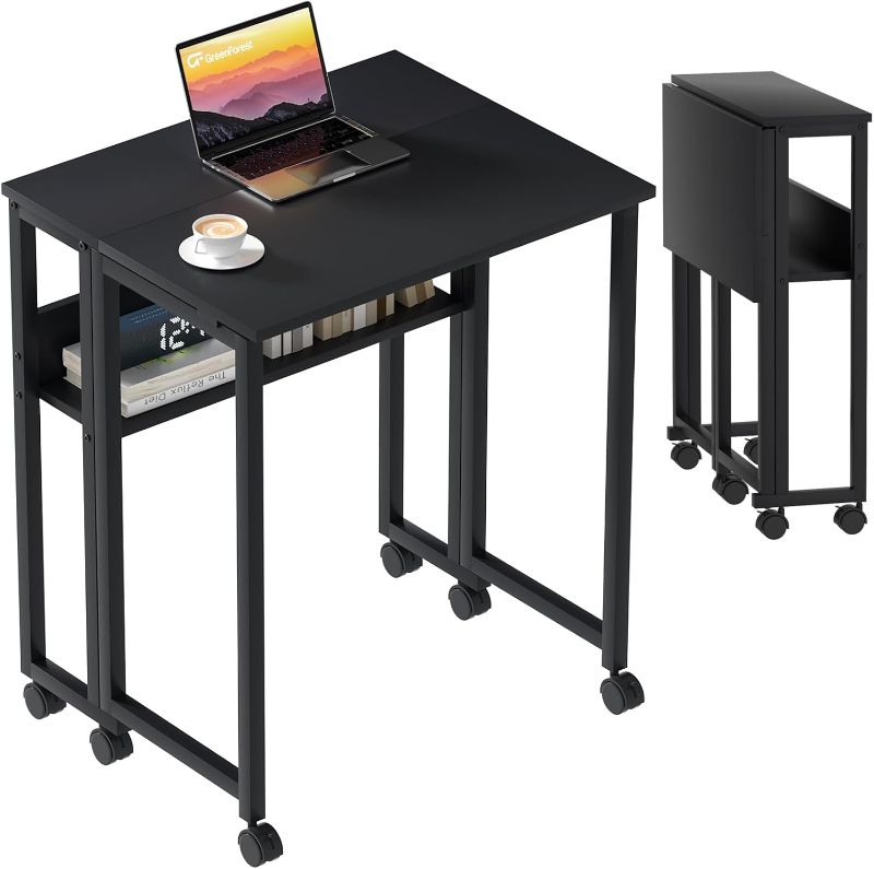 Photo 1 of GreenForest Folding Desk Small Rolling Desk with Storage Shelf,24.8 inch Foldable Computer Desk with Wheels for Small Space,Easy Assembly,Black
