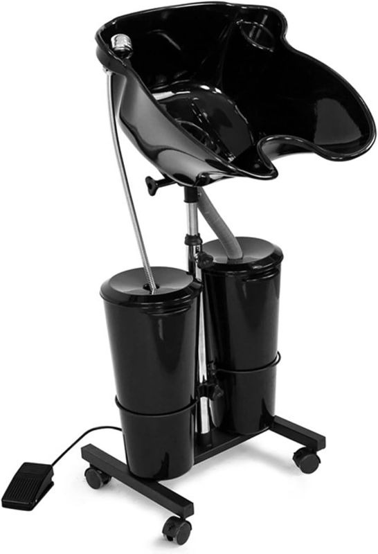 Photo 1 of Portable Shampoo Bowl Sink with Dual Buckets & Foot Pedal - Adjustable Hair Washing Station for Home, Salon, Barbershop Use, Ergonomic Height Adjustment
