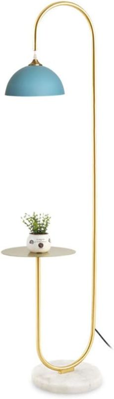 Photo 1 of Hsyile KU300240 Modern Standing Light for Bedroom & Living Room Floor Lamp with a Table,High Floor Lamp for Reading - Brushed Brass Finish and Blue Lamp Shade