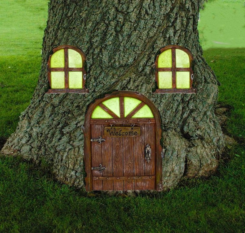 Photo 1 of ALLADINBOX Miniature Fairy Gnome Home Window and Door with Welcome Sign for Trees Decoration, Glow in Dark Fairies Sleeping Door and Windows, Yard Art Garden Sculpture Lawn Ornament Halloween Decor
