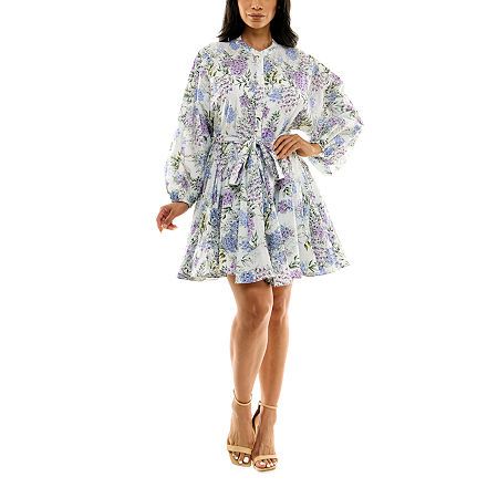 Photo 1 of Premier Amour Long Sleeve Floral Fit + Flare Dress, 6, White