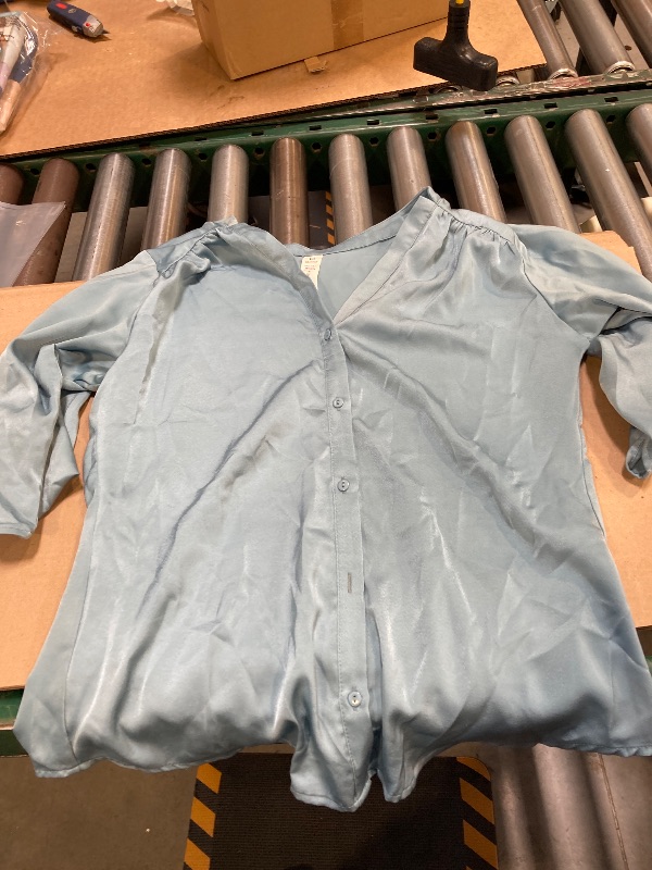 Photo 1 of Blooming Jelly Womens Button Down Shirts 3/4 Sleeve Dressy Tops Business Satin Silk Summer Outfits 2025 (Small, Turquoise)