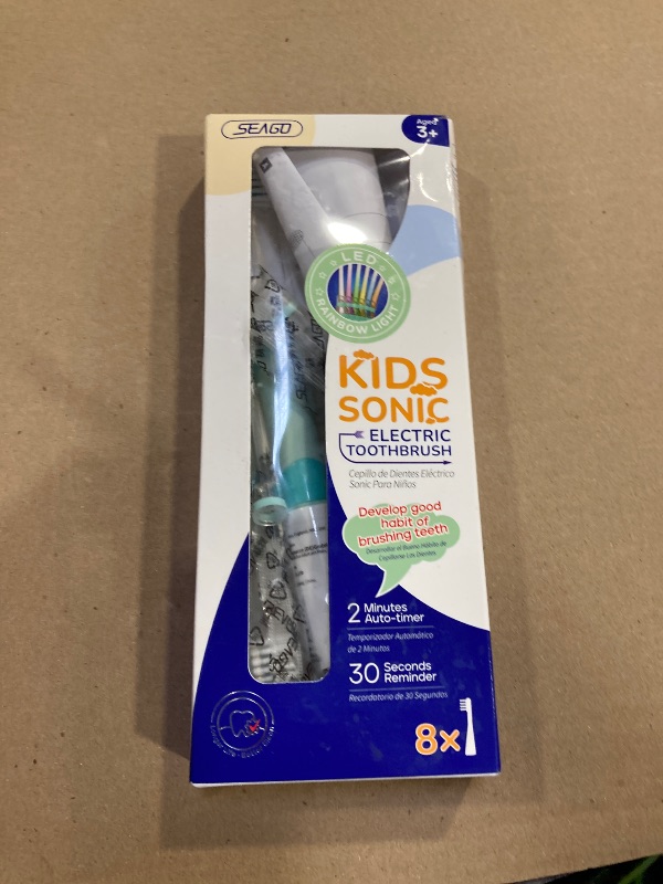 Photo 1 of SEAGO Kids Electric Toothbrush with 2 Mins Brushing Timer and 8 Replacement Bursh Heads,Rainbow LED Light Make Brushing Fun, Blue Color Boys Battery Powerd Toothbrush for 4-12 Years Old