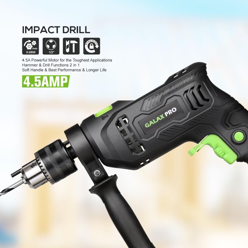 Photo 1 of GALAX PRO 4.5Amp 0-3000RPM Corded Hammer Drill, 5pcs Bit, Hammer and Drill 2 Functions in 1 with 12 Variable Speed, 1/2 Inch Keyed Metal Chuck, 360°Rotating Handle