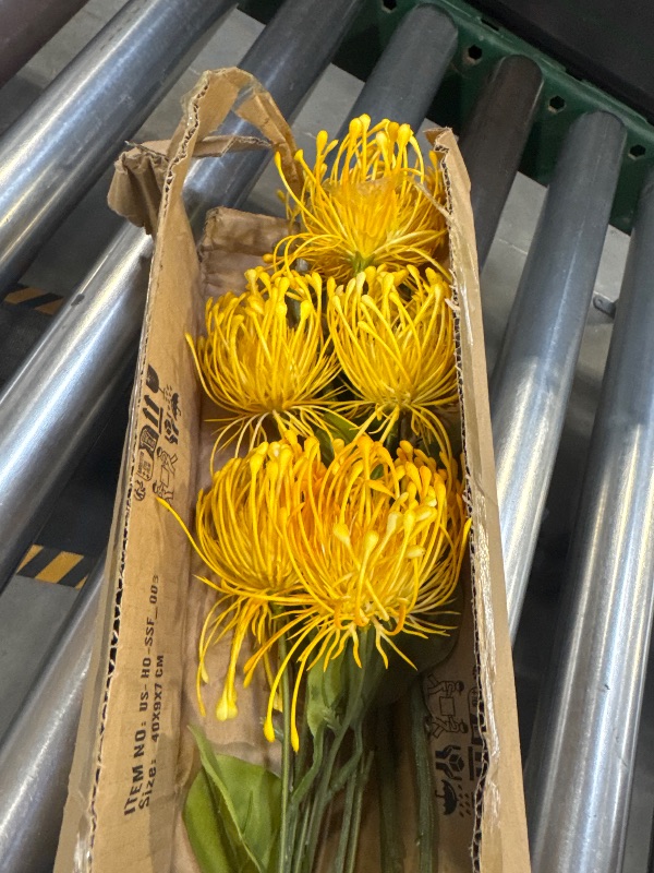 Photo 1 of Hollyone 33" Yellow Artificial Mums Flowers Chrysanthemum Flowers 2Pcs Fake Spider Mum Flower Arrangement Faux Pincushion Flower with 3 Heads Long Stem for Party Centerpiece Bouquet Home Decor