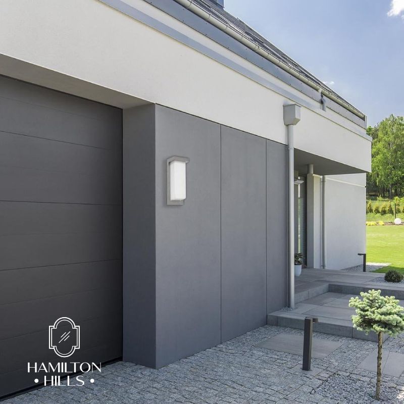 Photo 1 of Hamilton Hills 14 Inch Silver Squared Flush Mount Outdoor Light Fixture | Modern Front Door Exterior Light 3000K Frosted Lens Wall Sconce | Outside LED Porch Lights with Brushed Nickel Finish