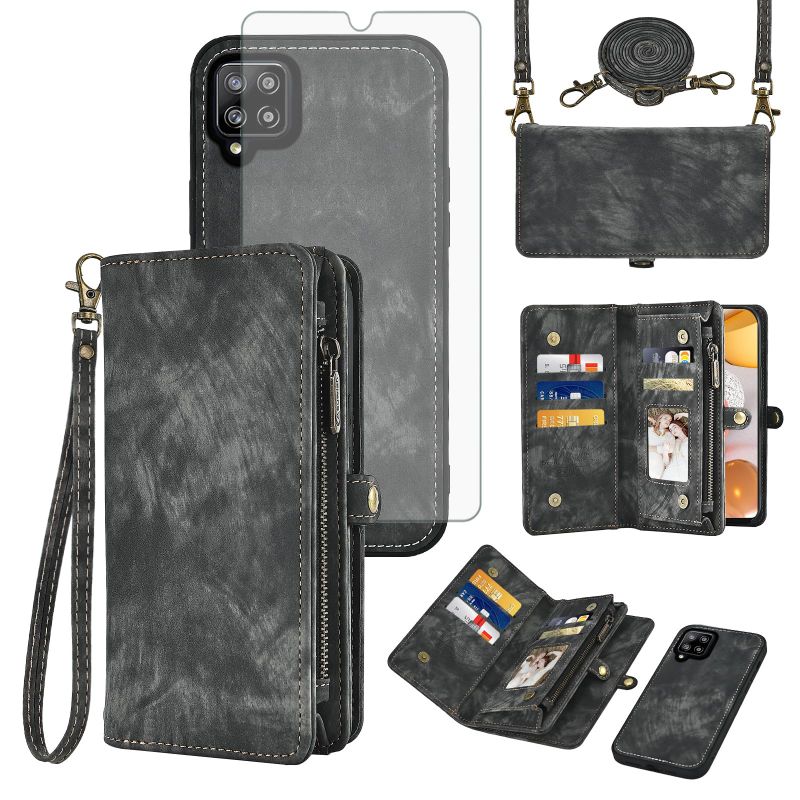 Photo 1 of Asuwish Phone Case for Samsung Galaxy A42 5G Zipper Wallet Magnetic Detachable Cell Cover with Tempered Glass Screen Protector Crossbody Strap Flip Card Holder Slot A 42 G5 42A S42 4G 2021 Women Black