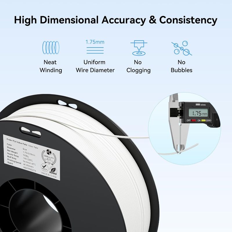 Photo 1 of Creality PLA Filament 1.75mm White 2KG, 1 Pack 3D Printer Filament, 3D Printing,No-Tangling Strong Bonding,Dimensional Accuracy +/- 0.02mm,Fits for Most FDM 3D Printers (White & White)