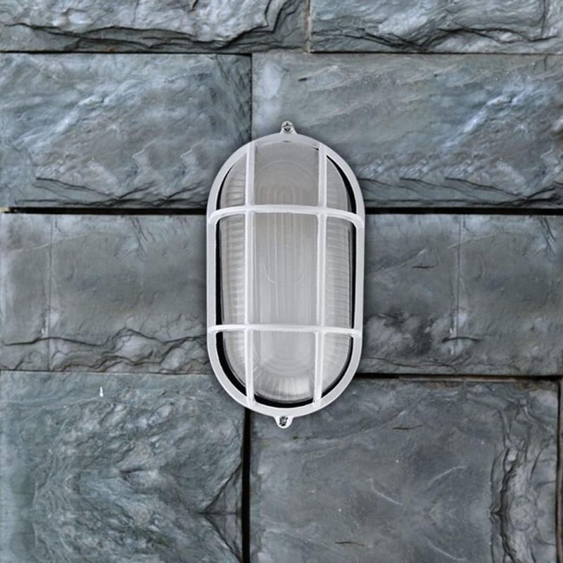 Photo 1 of RTNLIT Nautical Bulkhead Light Fixture, White Outdoor Wall Light Fixture for Wall or Ceiling, Wet Location for Sauna Room, (Grid Oval, with Frosted Glass Lens, E26 Base)