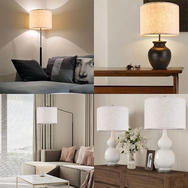 Photo 1 of Set of 2 Drum Lampshades for Table, Floor & Bedside Lamps - 13 * 13 * 10 inch, Medium Beige Gray Shades - Natural Fabric Spider Fitter - Modern & Rustic Interiors - 