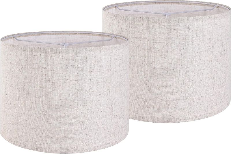 Photo 1 of Set of 2 Drum Lampshades for Table, Floor & Bedside Lamps - 13 * 13 * 10 inch, Medium Beige Gray Shades - Natural Fabric Spider Fitter - Modern & Rustic Interiors - 