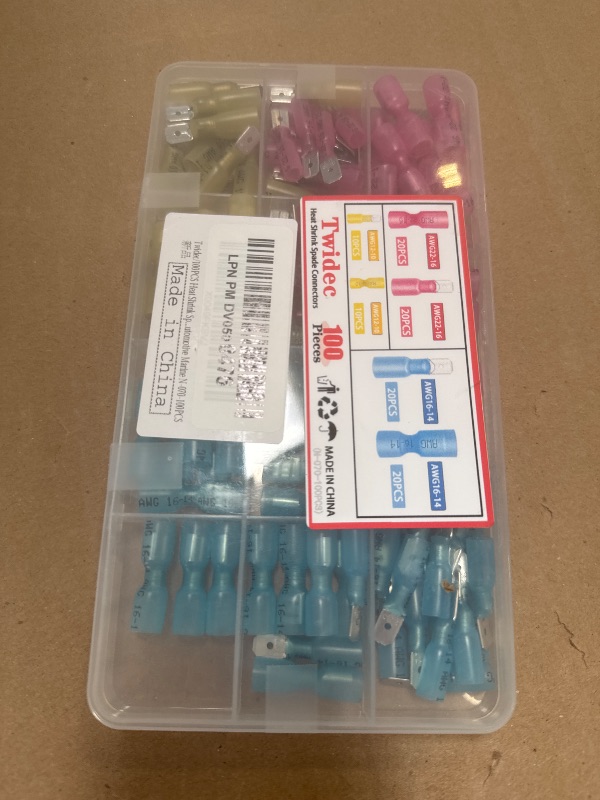 Photo 1 of Twidec/100PCS Heat Shrink Spade Connectors Kit 22-10 AWG Female and Male Spade Terminlas Quick Disconnect Connectors Fully Insulated Electrical Wire Crimp Connector for Automotive Marine N-070-100PCS