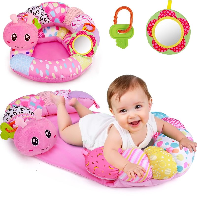 Photo 1 of 2 in 1 Baby Tummy Time Mat & Support Seated Pillow Infant Newborn Toys 0 1 2 3 4 5 6 Months Pink Caterpillar Sensory Developmental Playmat 0-6 3-6 12 Month Babies Mirror Shower Gifts for Girls Boys
