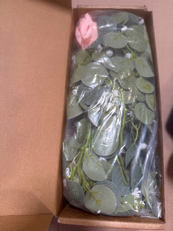 Photo 1 of Anna's Whimsy 5.91FT Artificial Eucalyptus Garland With Flowers, Fake Rose Gypsophila, Faux Floral Greenery for Wedding Spring Party Art Table Runner Decor (Pink, 1)