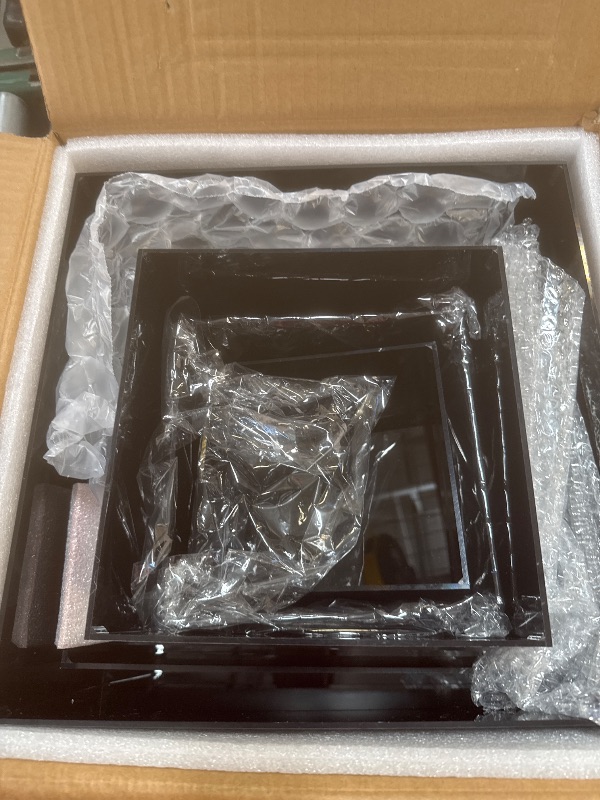 Photo 1 of Leinuosen 7 Pcs Buffet Risers Set Acrylic Display Box 6" 7" 8" 9" 10" 11" 12" Food Risers for Buffet Table 5 Sided Display Cube Box with Hollow Bottom Nesting Acrylic Stand for Wedding Party(Black)